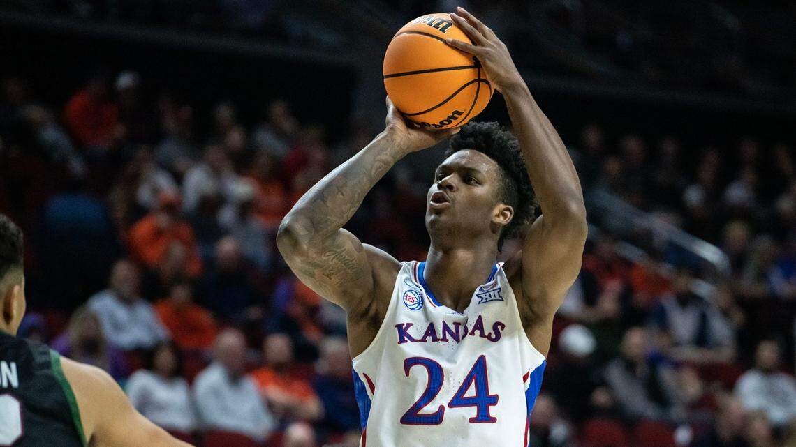 Kansas’ KJ Adams shoots during the NCAA Tournament first-round meeting between Kansas and Howard on Thursday, March 16, 2023, at Wells Fargo Arena, in Des Moines, Iowa.