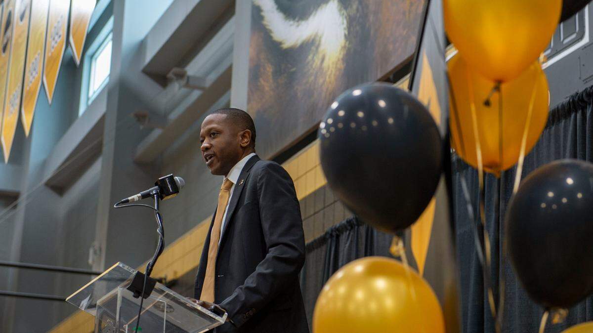 Head Coach Dennis Gates speaks during a press conference at Mizzou Arena in the Albrecht Family Practice Facility on Tuesday, March 22, 2022. The University of Missouri announced its new head coach during a press conference.