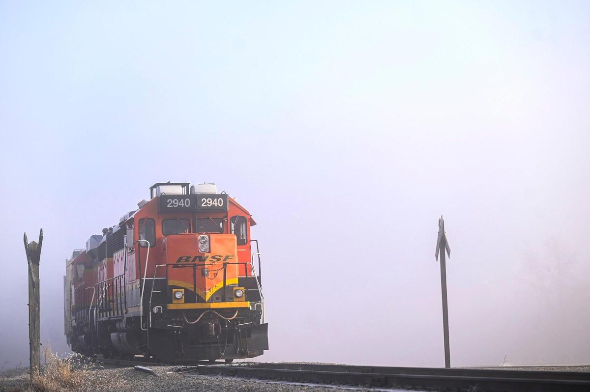 A BNSF train was shrouded in fog just off of Lexington Avenue on Tuesday, Feb., 6, 2024, in De Soto, Kansas.