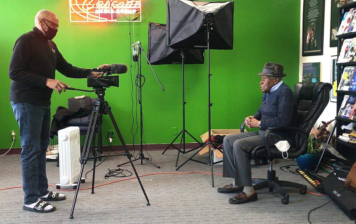 Carlos Nelson Sr., president of Cascade Media Group, recorded a session with Alvin Brooks on his recollection of the 1951 floods that hit Kansas City for an upcoming documentary.