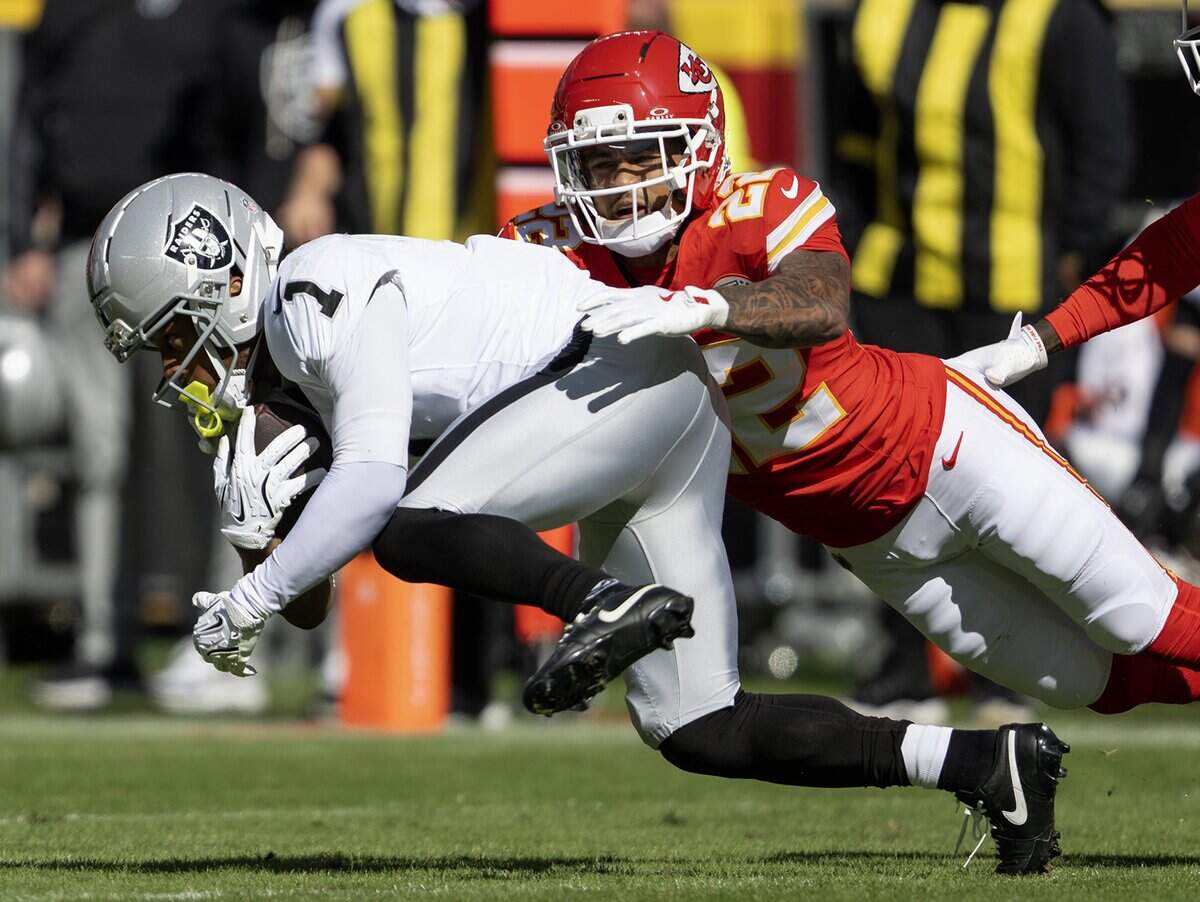 Chiefs cornerback Trent McDuffie tackles Las Vegas Raiders wide receiver Tre Tucker during an NFL Week 7 game on Sunday, Oct. 19, 2025 at GEHA Field at Arrowhead Stadium in Kansas City.