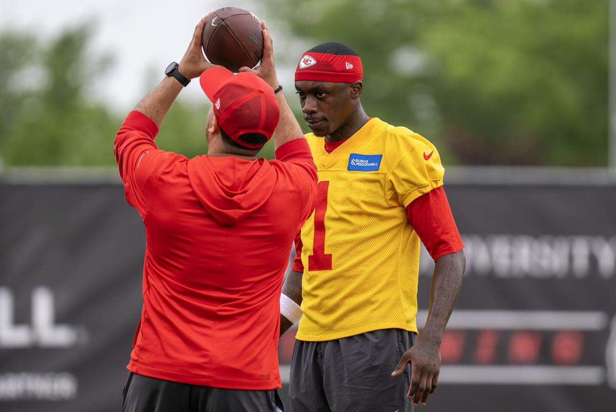 Kansas City Chiefs wide receiver Xavier Worthy (1) runs a drill during practice at the Chiefs' training facility on Thursday, May 28, 2026, in Kansas City.