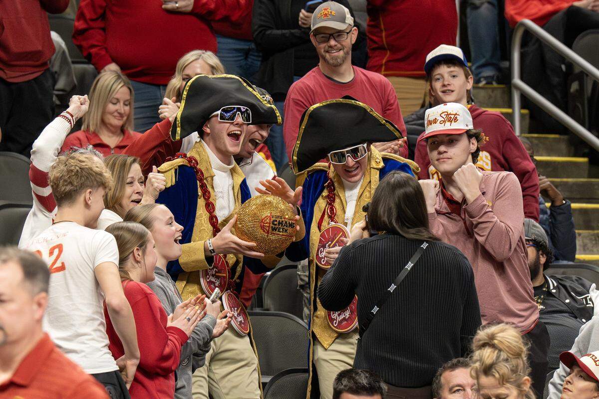Iowa State fans cheer from the stands after Iowa State defeated Arizona State 91-42 in a Big 12 men's basketball tournament game at T-Mobile Center on Wednesday, March 11, 2026, in Kansas City.