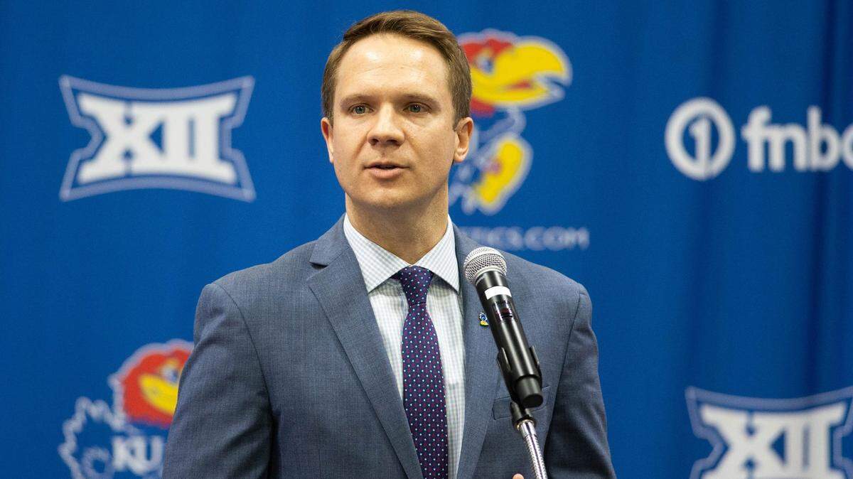 KU Athletic Director Travis Goff addresses media at a press conference on May 3, 2021.