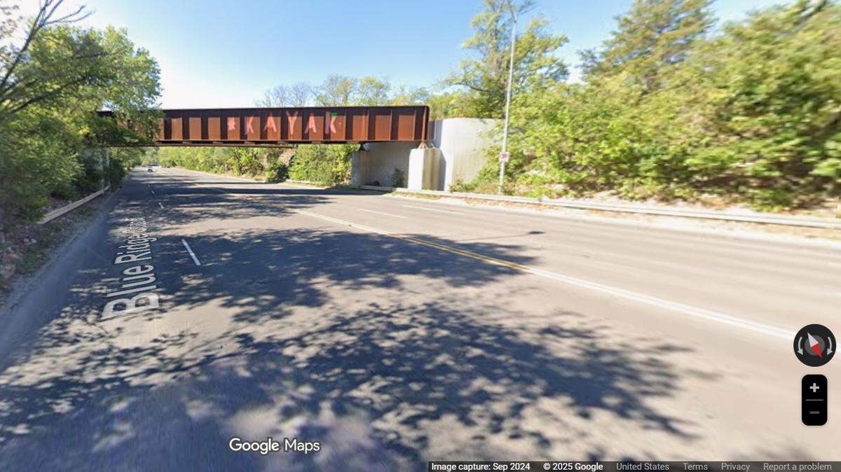 A Google Maps image of Blue Ridge Cutoff near 46th Street, where Kansas City police say a pedestrian died Friday night after they were hit by an SUV.