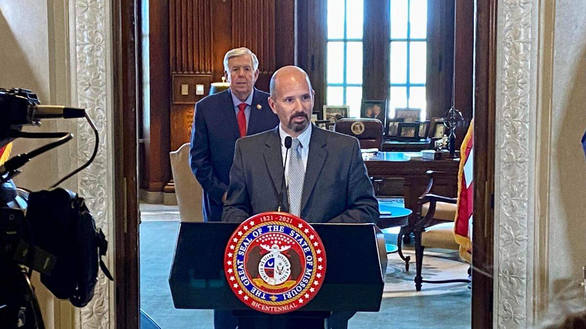Dru Buntin is introduced by Missouri Gov. Mike Parson as the new director of the state’s Department of Natural Resources on Wednesday at the state capitol. Buntin, who was deputy director, takes the role of Carol Comer, who died in June.