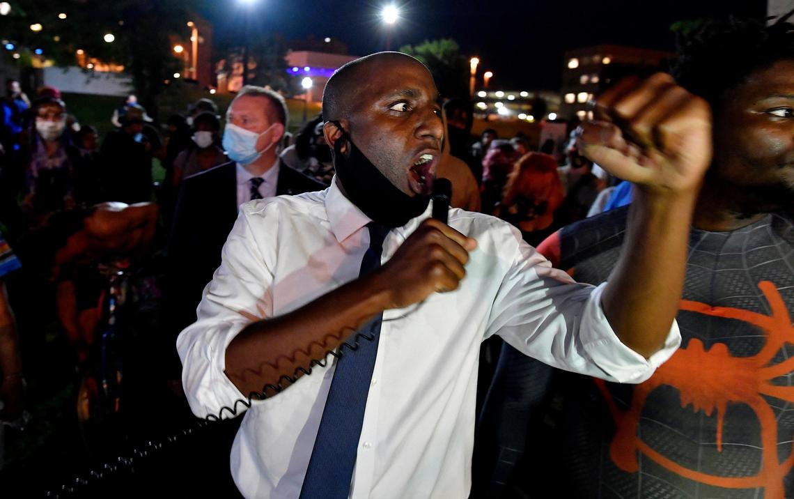Kansas City Mayor Quinton Lucas joined the protesters Monday night in Mill Creek Park. He spoke to several hundred who gathered at the park for a fourth consecutive night to demonstrate following the death of George Floyd, who was killed after he was kneeled on by a police officer in Minneapolis.