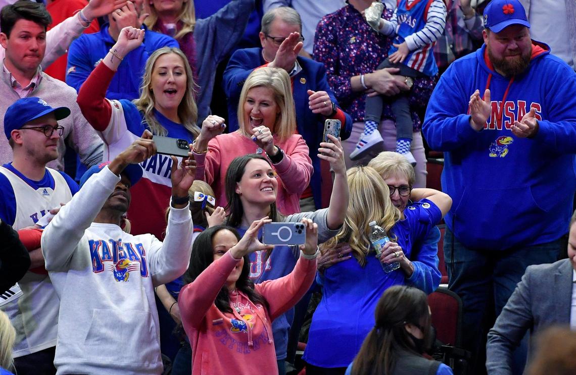 After Kansas beat Miami to advance to the Final Four on Sunday, Bill Self’s wife, Cindy, hugged Bill’s mom, Margaret, as the postgame celebration got underway at the United Center in Chicago.