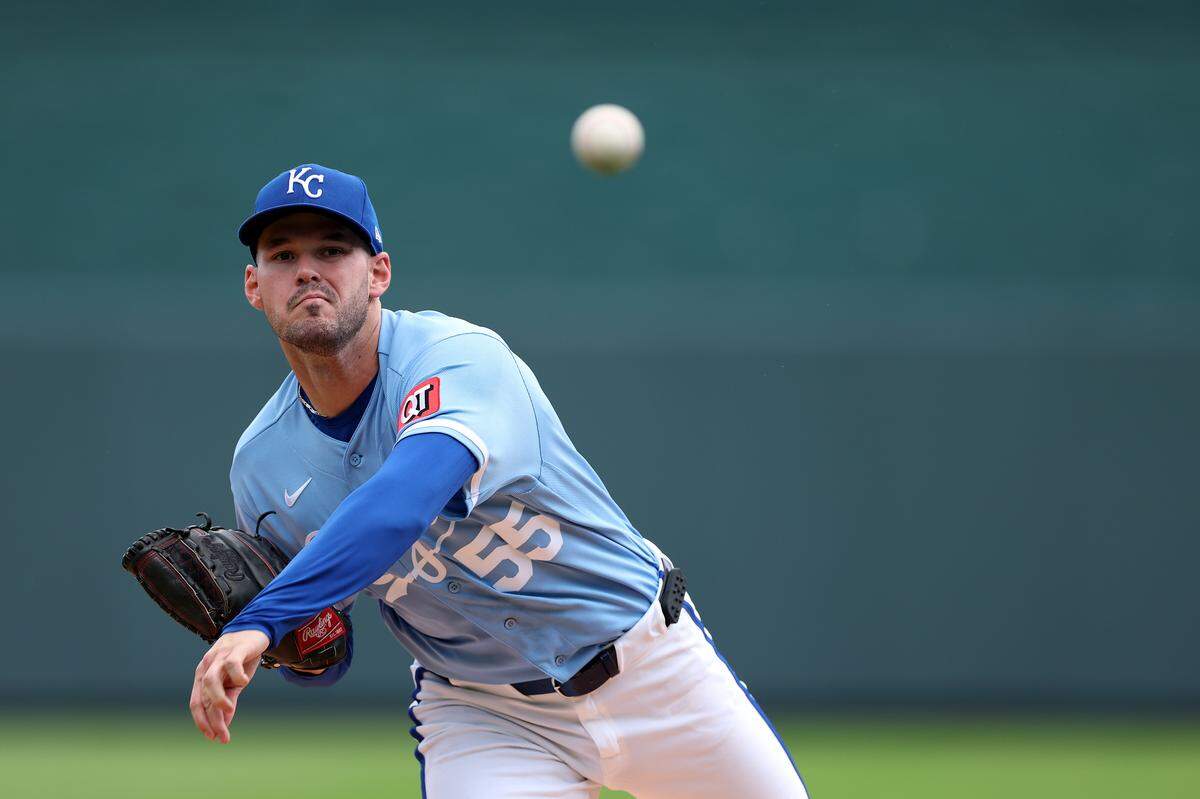 Royals starting pitcher Cole Ragans warms up at Kauffman Stadium on April 2, 2026 in Kansas City.