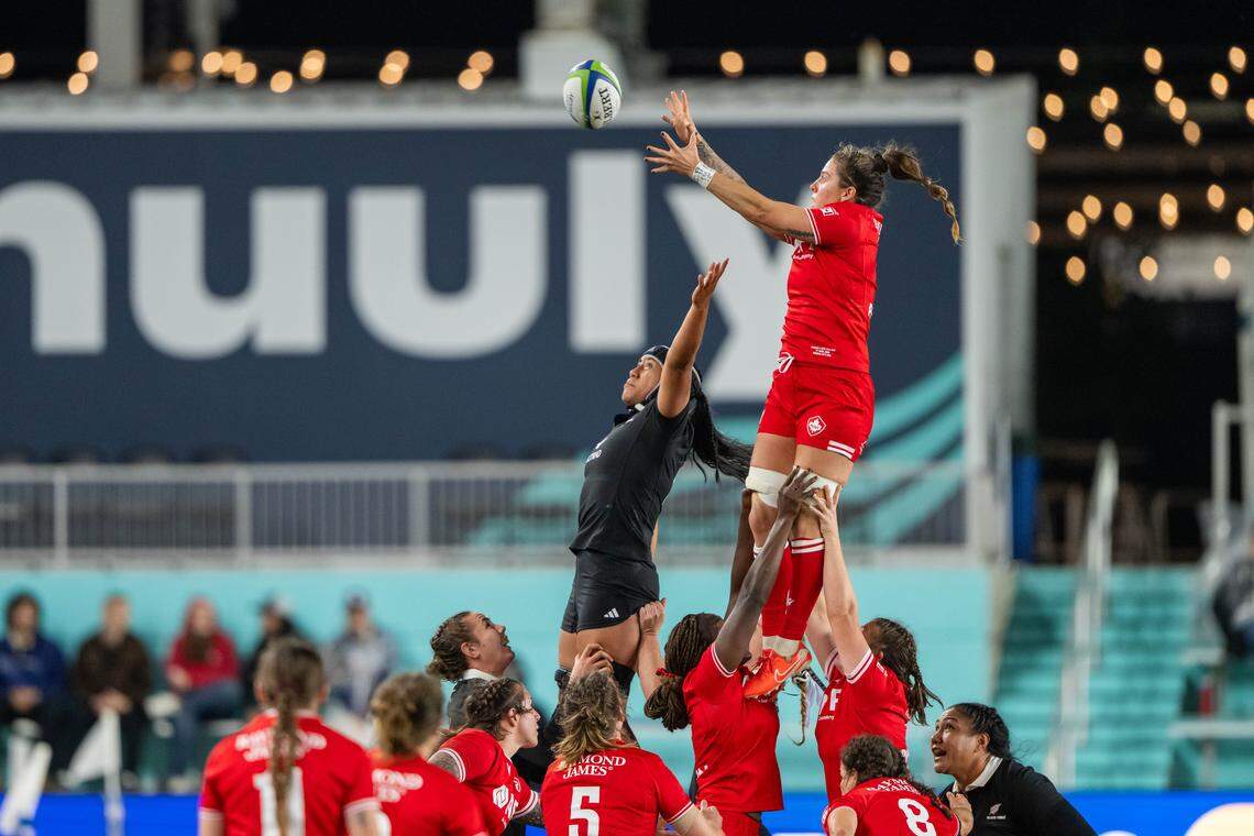 Players from Canada and New Zealand perform a lineout play in the first half of the Pacific Four Series rugby match of Canada vs. New Zealand on Friday, April 17, 2026, at CPKC Stadium. New Zealand won 36-14.