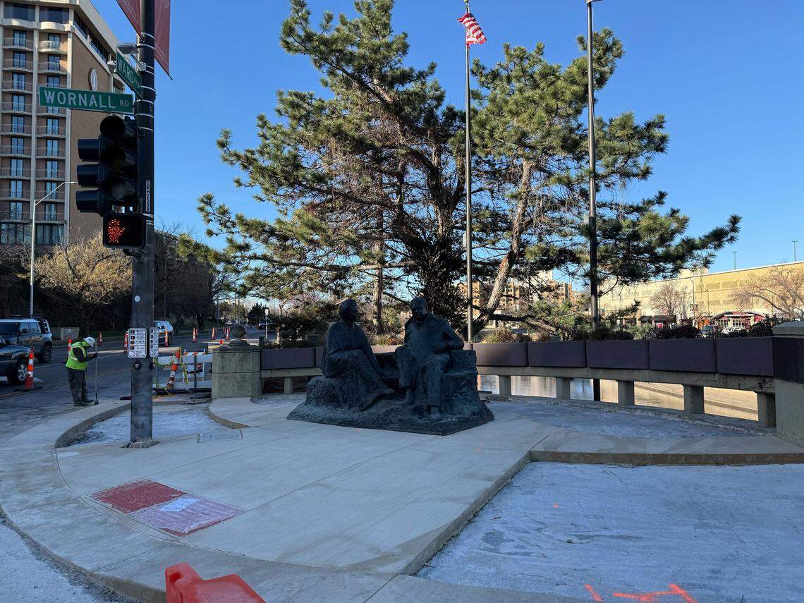 The Married Love sculpture, sitting on the corner of Ward Parkway and Wornall Road in Kansas City has construction surrounding it on Dec. 31, 2025.