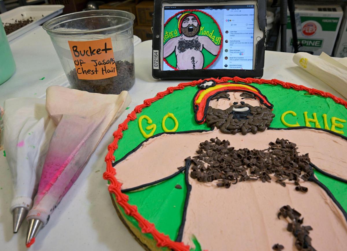 Hannah Stumpner, manager of&nbsp;Eileen’s Colossal Cookies in Liberty, created a cookie design featuring a shirtless Jason Kelce, the spirited brother of Chiefs’ tight end Travis Kelce.