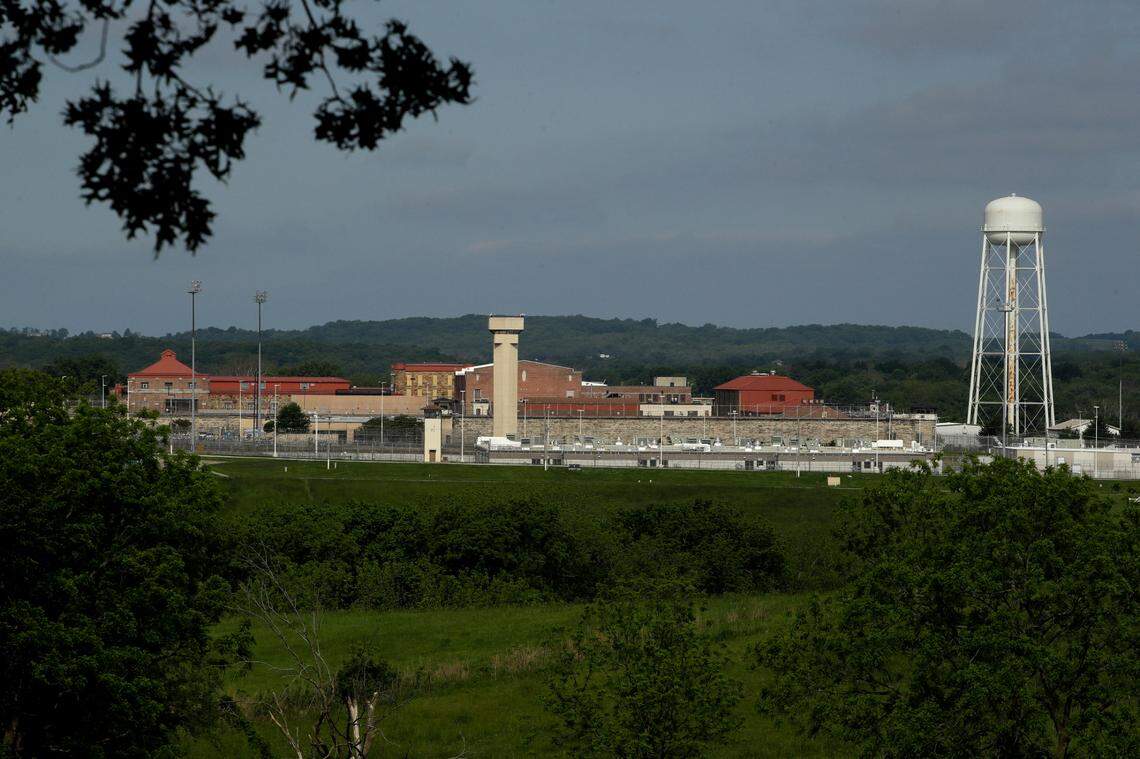The Lansing Correctional Facility is seen in this photo taken Saturday, May 23, 2020 in Lansing, Kan. As of May 22, the prison has recorded 817 prisoners and 96 staff that have tested positive for COVID-19. (AP Photo/Charlie Riedel)