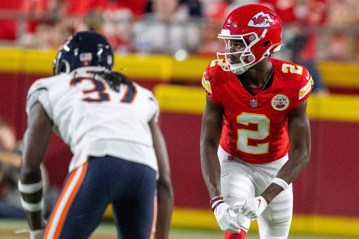 Kansas City Chiefs' Tyquan Thornton (2) lines up before a play in the first quarter of the Chiefs preseason game vs. the Chicago Bears at GEHA Field at Arrowhead Stadium on Friday, Aug. 22, 2025, in Kansas City.