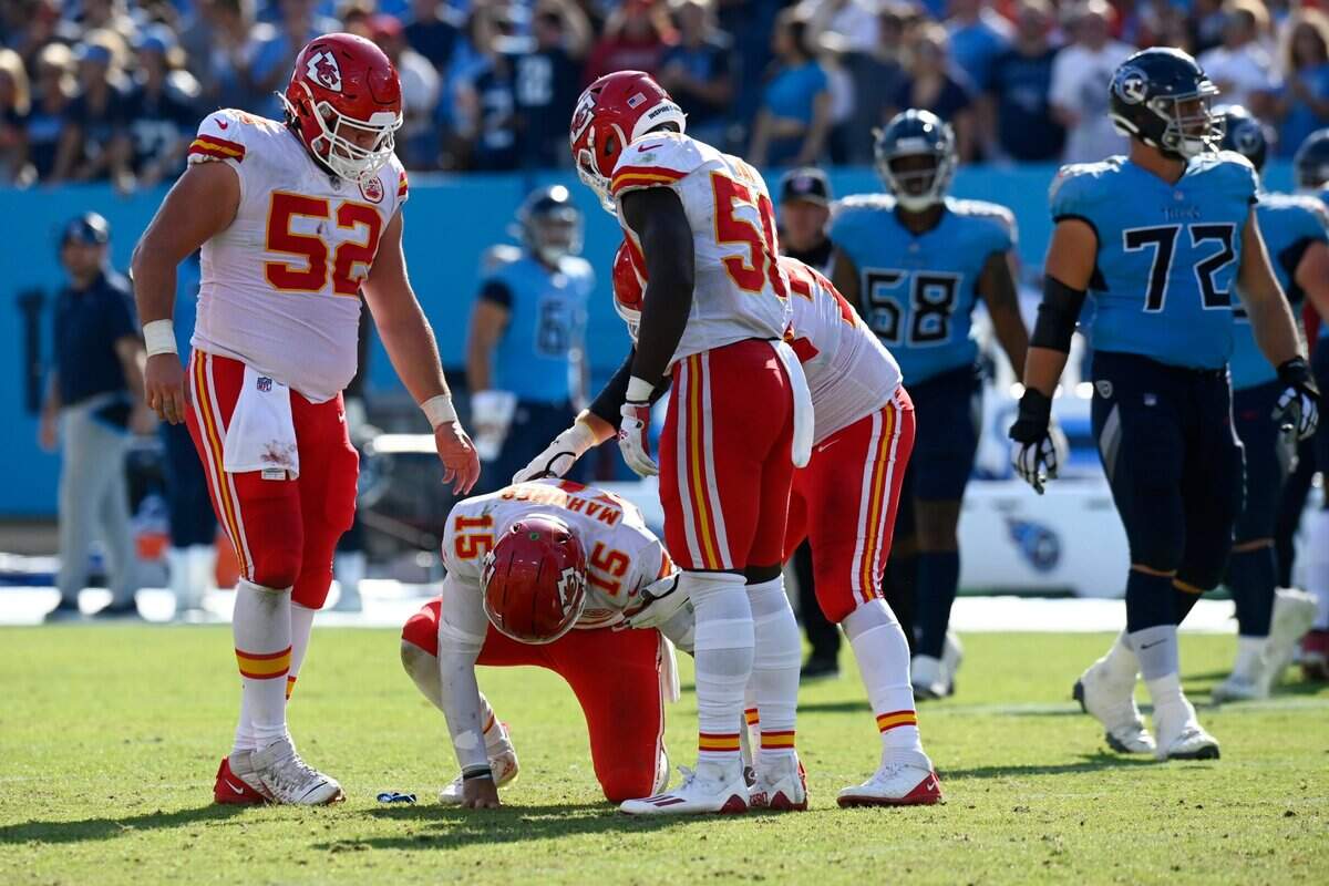 Chiefs quarterback Patrick Mahomes was slow to get up after being hit in the second half of Sunday’s game at Tennessee.