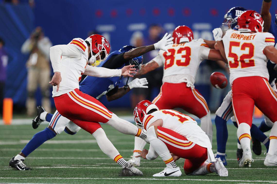 Kansas City Chiefs kicker Harrison Butker nails one of his three first-half field goals (he also missed one) against the New York Giants during an NFL Week 3 game at MetLife Stadium in East Rutherford, New Jersey, on Sunday, Sept. 21, 2025.