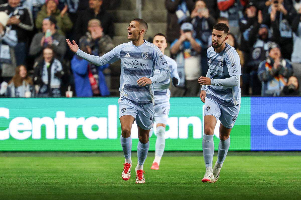 Sporting Kansas City forward Dejan Joveljic (9) celebrates with defender Robert Voloder (4) after scoring a goal on a penalty kick against the San Jose Earthquakes at Children’s Mercy Park on March 1, 2025.