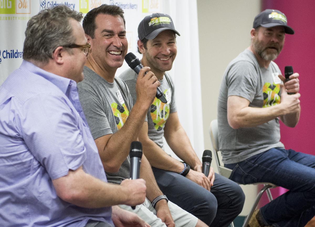 Big Slick hosts Eric Stonestreet (from left), Rob Riggle, Paul Rudd and David Koechner joked around at their press conference at Children's Mercy on Friday morning. Co-host Jason Sudeikis had a commitment on a movie set but was expected to arrive that night.