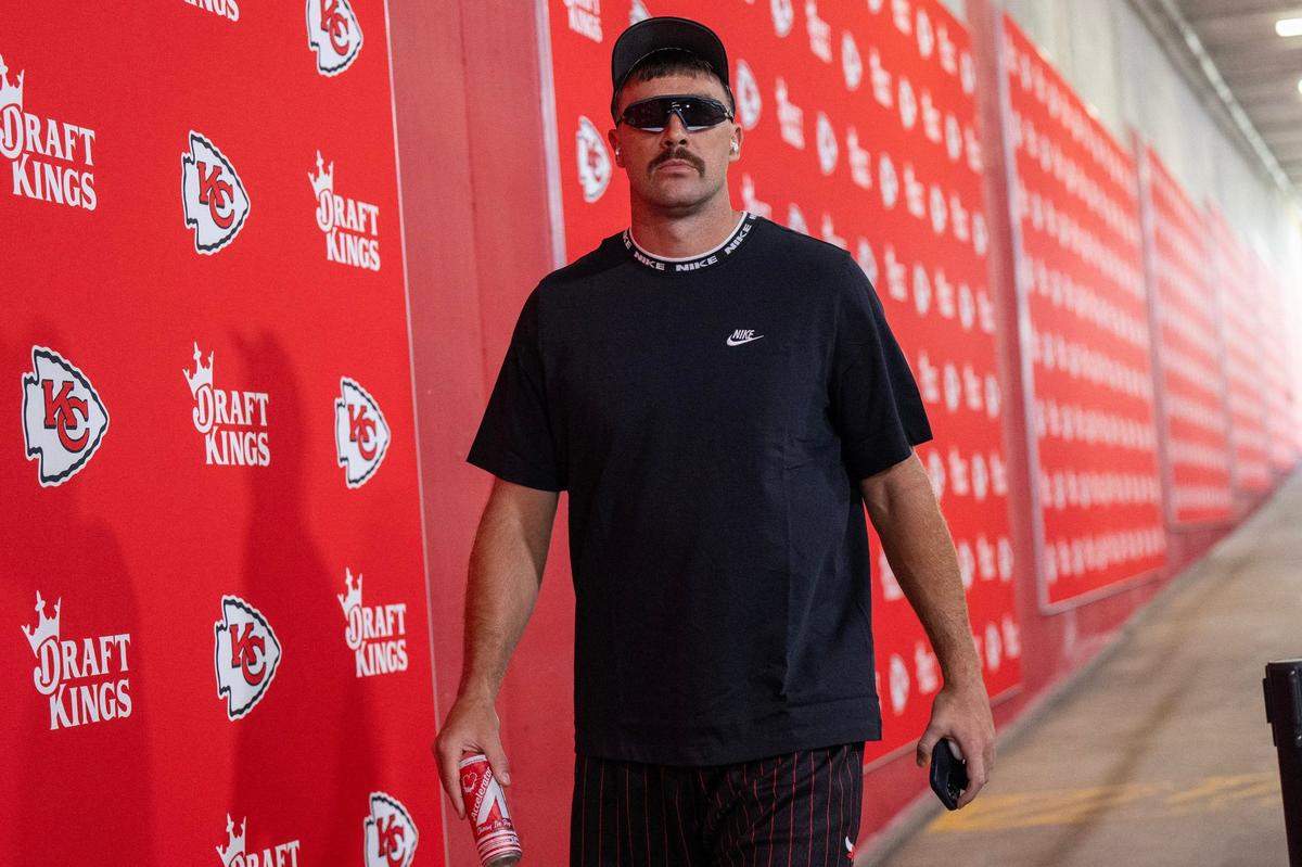 Kansas City Chiefs tight end Travis Kelce walks down the tunnel before a game on Saturday against the Detroit Lions. (081724, Arrowhead Stadium)