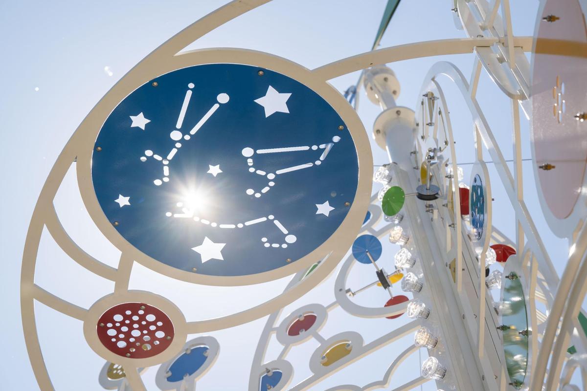 Union Station’s newest sculpture titled ‘Journey to Wonder,’ on Thursday, June 26, 2025. The sculpture is 28-feet tall and features kinetic elements and light and sound effects. It also features different elements from the things that reside in Union Station, such as a train car, constellations, and elements of science.
