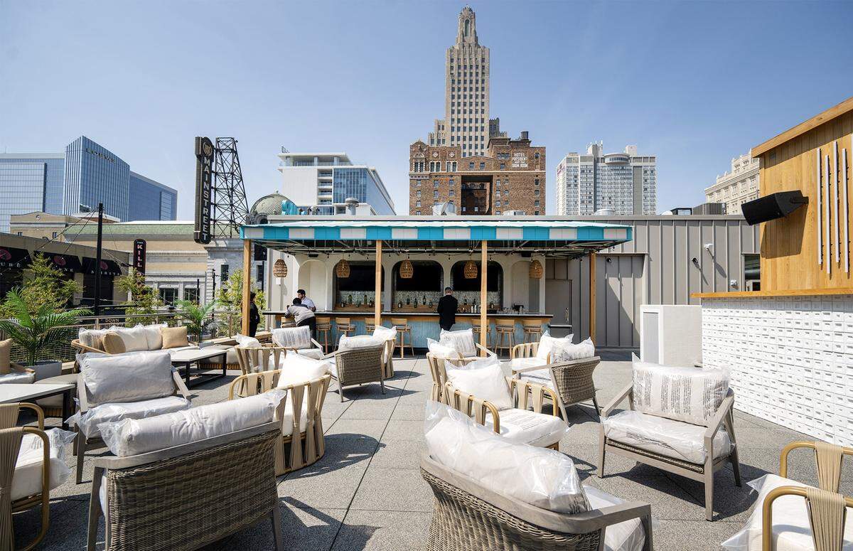Downtown views from the rooftop patio at Palm Tree Club, a restaurant and bar which is opening this month at 14 E. 14th Street in the Power and Light District in Kansas City.