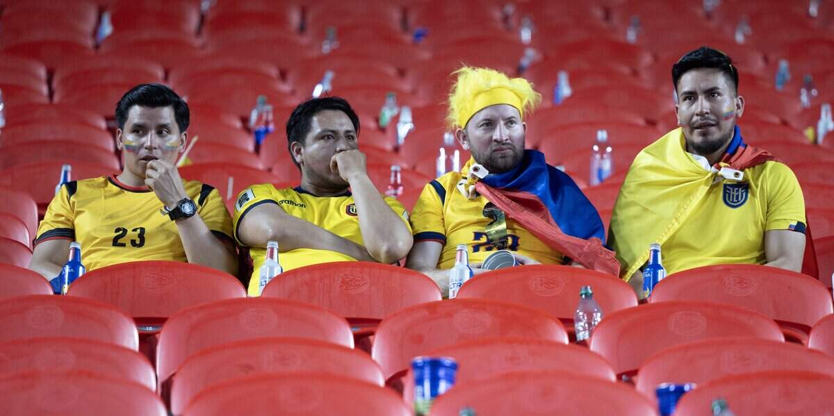 Ecuador fans sit in disbelief after their team played to a draw against Curaçao during a FIFA World Cup group-stage soccer match at Kansas City (Arrowhead) Stadium in Kansas City on Saturday, June 20, 2026.