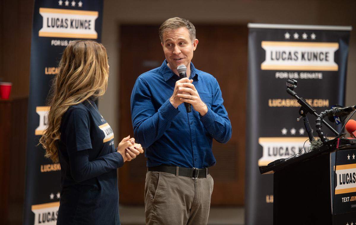Missouri Democratic Party candidate for U.S. Senate Lucas Kunce thanks his wife Marilyn before he concedes the race to incumbent Sen. Josh Hawley Tuesday, Nov. 5, 2024, at an election night watch party in Kansas City, Missouri.