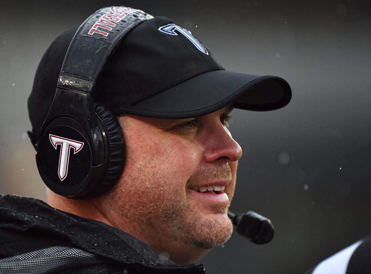 Head coach Chip Lindsey of the Troy Trojans watches his team against the Missouri Tigers in the first quarter at Faurot Field/Memorial Stadium on October 5, 2019 in Columbia.
