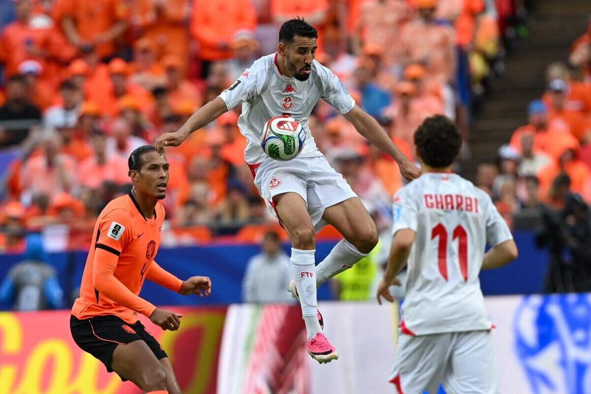 Tunisia forward Hazem Mastouri (9) receives the ball with this chest in the first half of the Netherlands vs. Tunisia FIFA World Cup group-stage soccer match at Kansas City (Arrowhead) Stadium in Kansas City on Thursday, June 25, 2026.