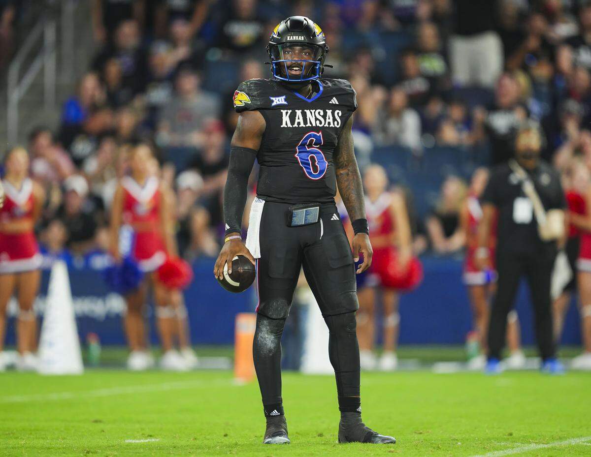 Kansas Jayhawks quarterback Jalon Daniels (6) reacts during the second half against the UNLV Rebels at Children's Mercy Park on Sept. 13, 2024.