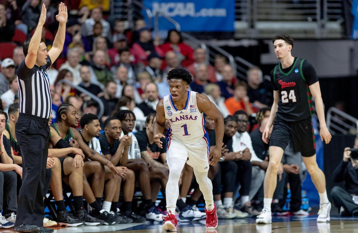 Kansas guard Joseph Yesufu (1) celebrates a 3-point shot against Howard during a first-round college basketball game in the NCAA Tournament Thursday, March 16, 2023, in Des Moines, Iowa.