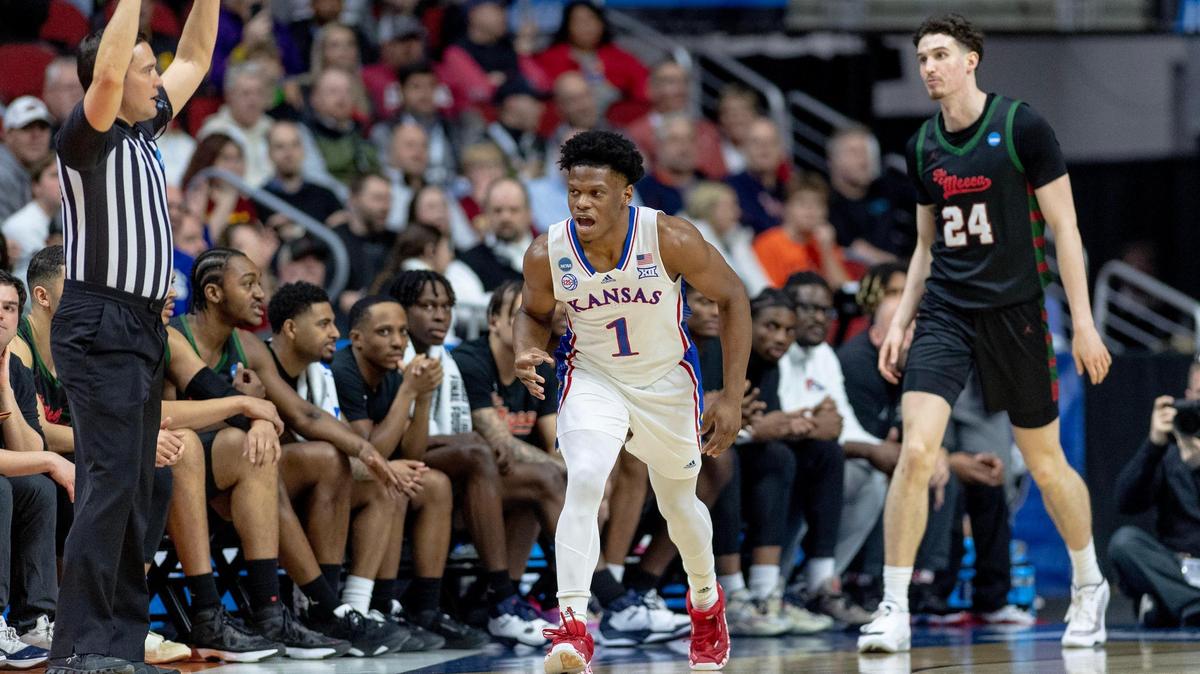 Kansas guard Joseph Yesufu (1) celebrates a three-point shot during a first-round win over Howard in the NCAA Tournament Thursday, March 16, 2023, in Des Moines, Iowa.