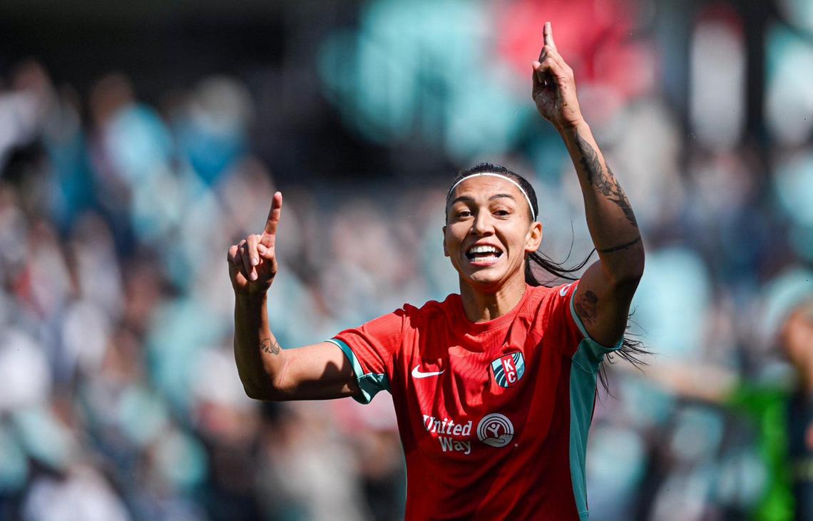 Kansas City Current forward Bia Zaneratto celebrates after scoring on the Portland Thorns during the home opener for the Current Saturday, March 16, 2024 at CPKC Stadium.