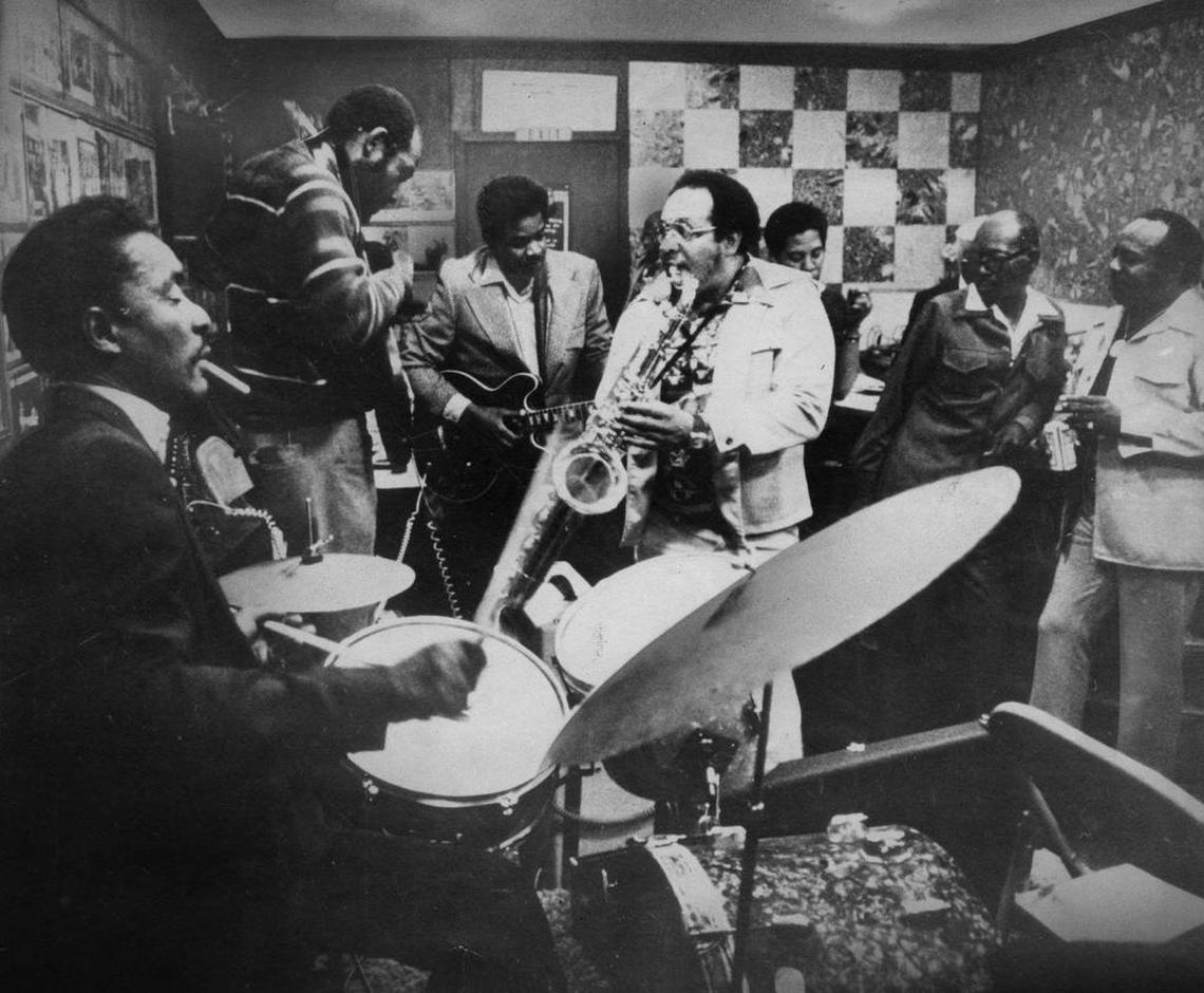 In a scene likely from the 1970s, local jazz musicians practiced their craft in a jam session at Kansas City’s Mutual Musicians Foundation, which started as a union to protect the interests of local musicians.