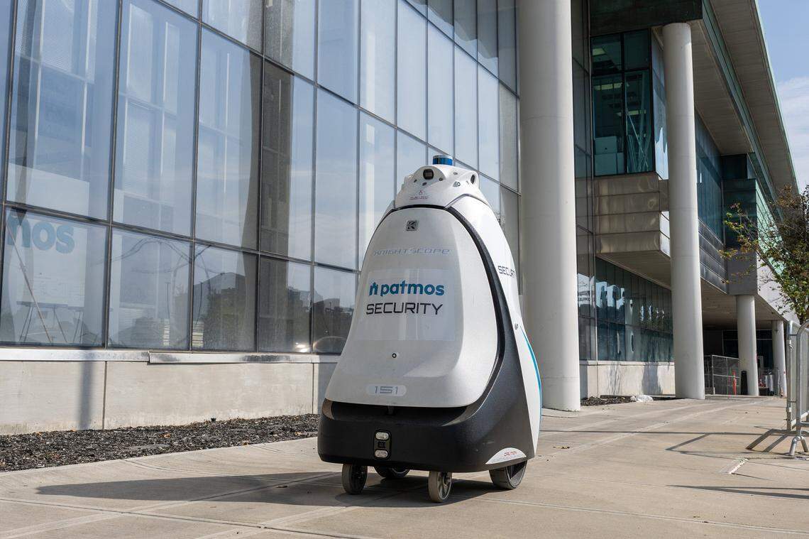 A security robot named Lance patrols outside Patmos' headquarters at the former Kansas City Star building on Wednesday, Sept. 10, 2025, in Kansas City. Lance is part of Patmos' efforts to enhance safety downtown.