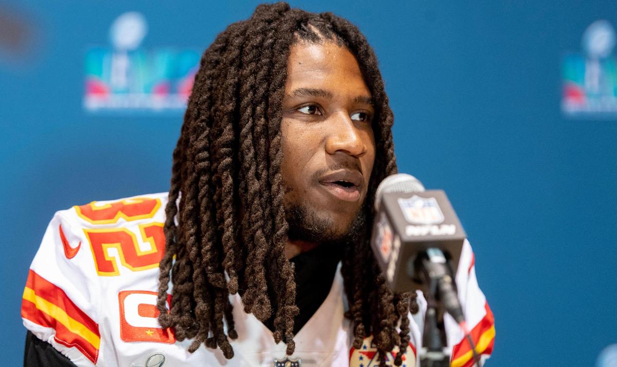 Kansas City Chiefs linebacker Nick Bolton speaks during the team’s media availability on Thursday, Feb. 9, 2023, in Scottsdale, Ariz.