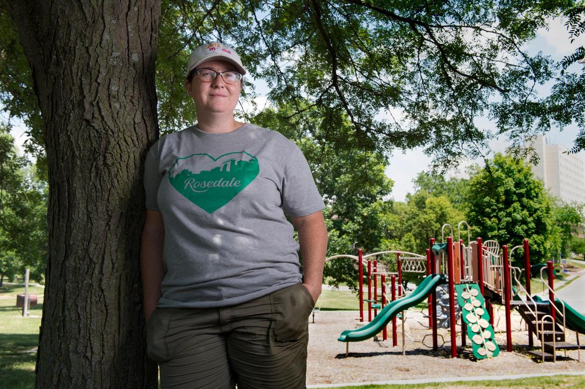 Erin Stryka, executive director of Rosedale Development Association, is photographed at Fisher Park in Kansas City, Kansas. In 2018, the association, Unified Government, parks and recreation employees, volunteers and members of the community came together to rebuild the park’s playground, which was funded by a variety of grants.