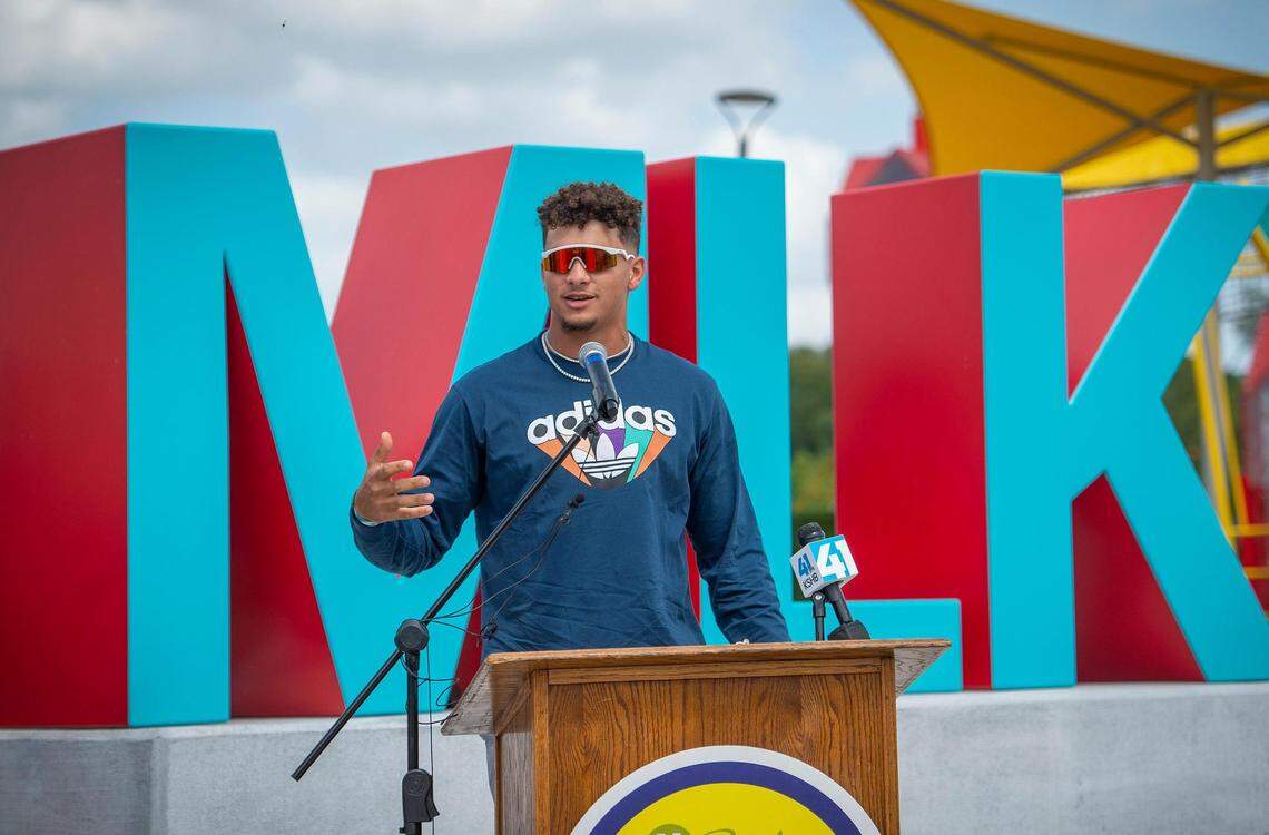 Patrick Mahomes gave opening remarks as the Kansas City Parks and Recreation opened the 15 and the Mahomies Playground at Martin Luther King, Jr. Park on Saturday, Aug. 28, 2021, at Dr. Martin Luther King, Jr. Blvd. & Woodland Ave., in Kansas City.