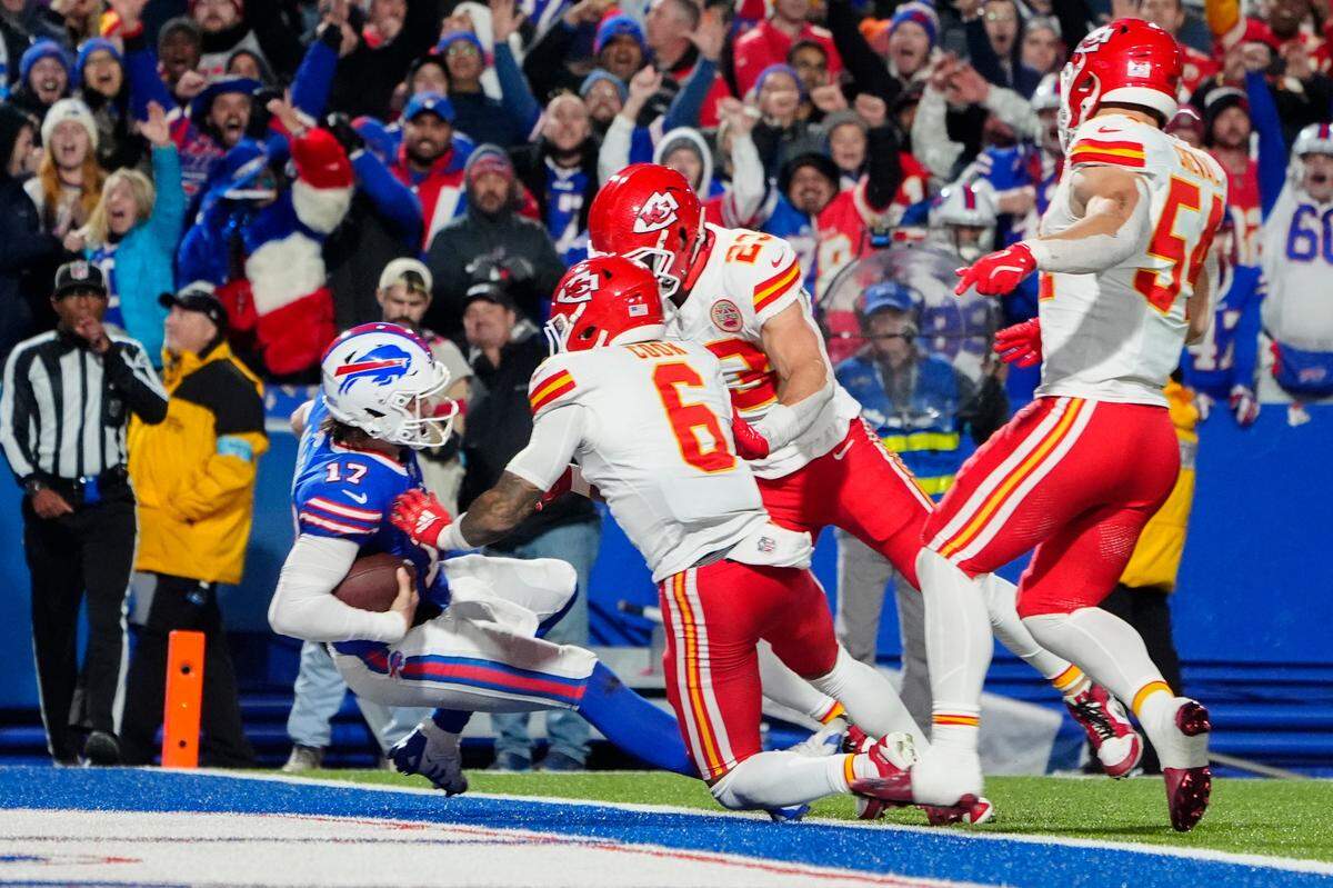 Buffalo Bills quarterback Josh Allen rushed for a pivotal late touchdown against the Kansas City Chiefs during an NFL Week 11 game at Highmark Stadium in Orchard Park, New York on Sunday, Nov 17, 2024.