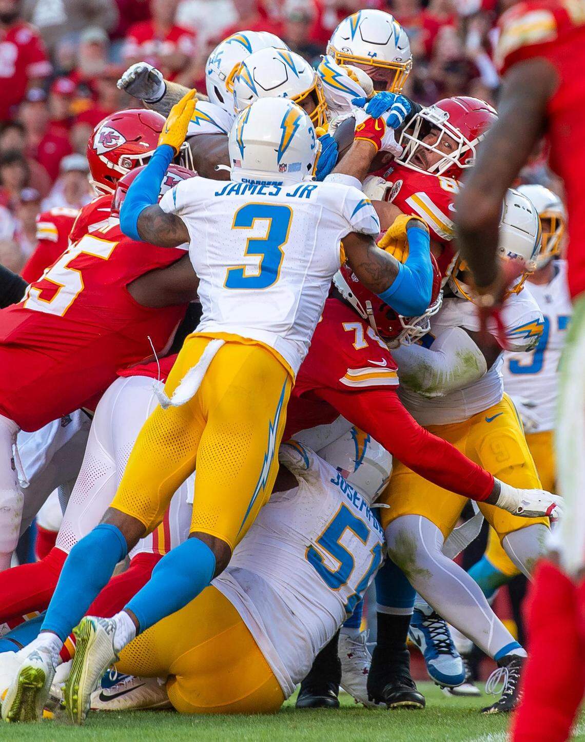 In the fifth frame in the sequence, Kelce’s face is still the face of determination but by this time Kansas City Chiefs wide receiver Marquez Valdes-Scantling has moved into the frame and his arm blocks some of our view of Kelce.