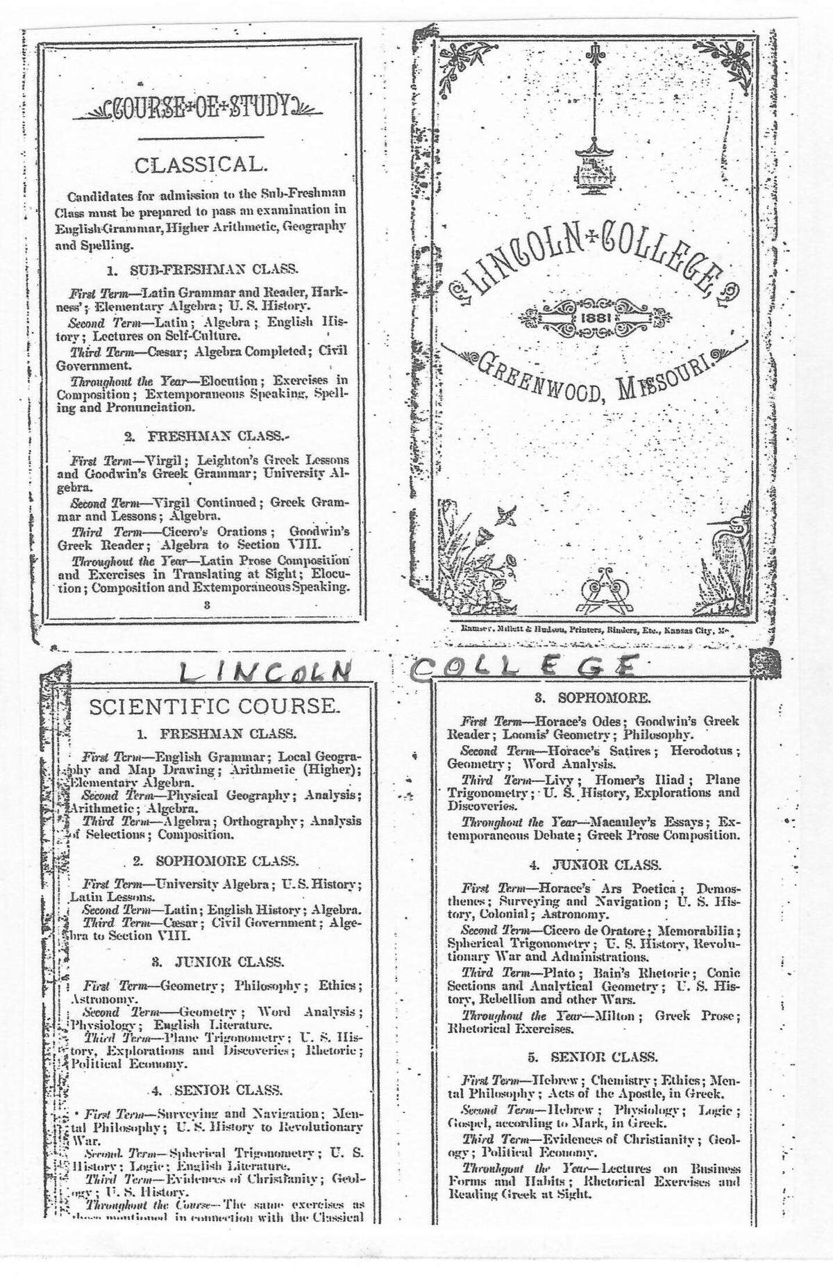 Lincoln College syllabus from 1881.