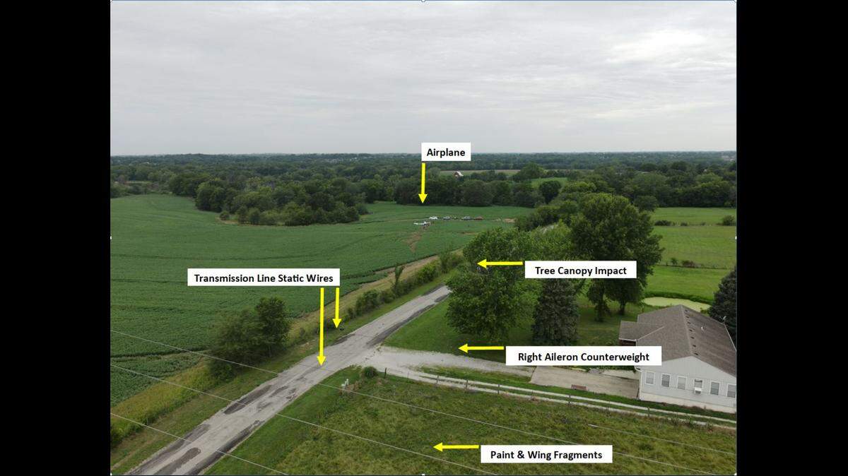 The plane that crashed into a soybean field near Kearney, Missouri, last month killing its pilot first struck wires to power transmission lines and then the canopy of a tree, according to a preliminary report from the National Transportation Safety Board. Upon impact with the ground, the plane slid several hundred feet and caught fire.