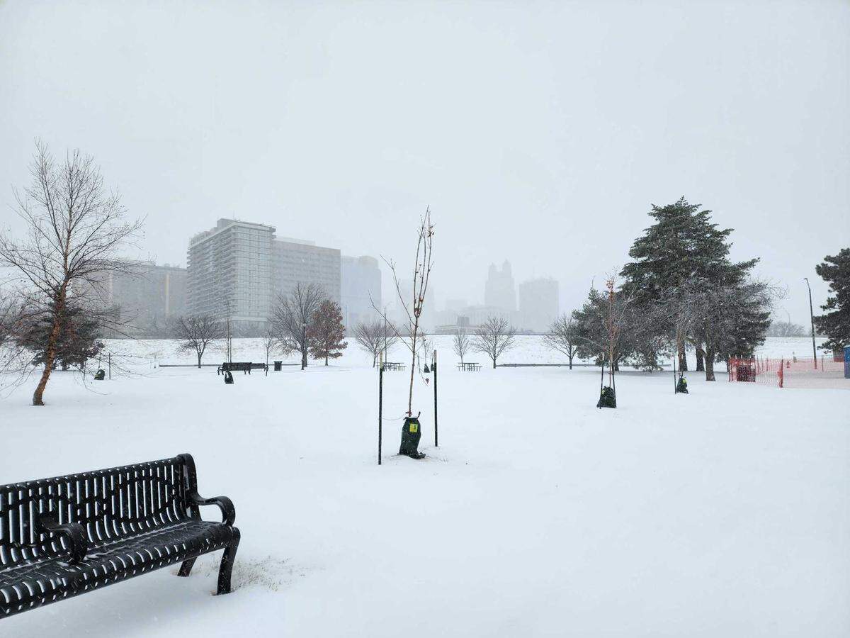 A few downtown Kansas City buildings are seen from Columbus Square Park during a snowstorm on Sunday, Jan. 5.
