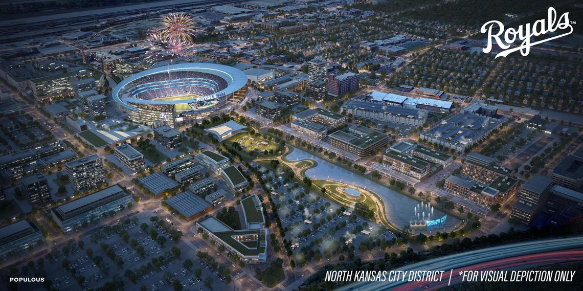 A rendering from stadium design firm Populous shows a concept of what a new Kansas City Royals stadium located in North Kansas City might look like.