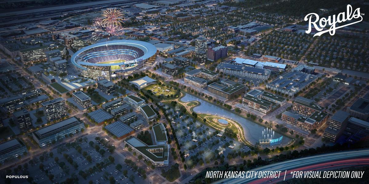 A rendering from stadium design firm Populous shows a concept of what a new Kansas City Royals stadium located in North Kansas City might look like.