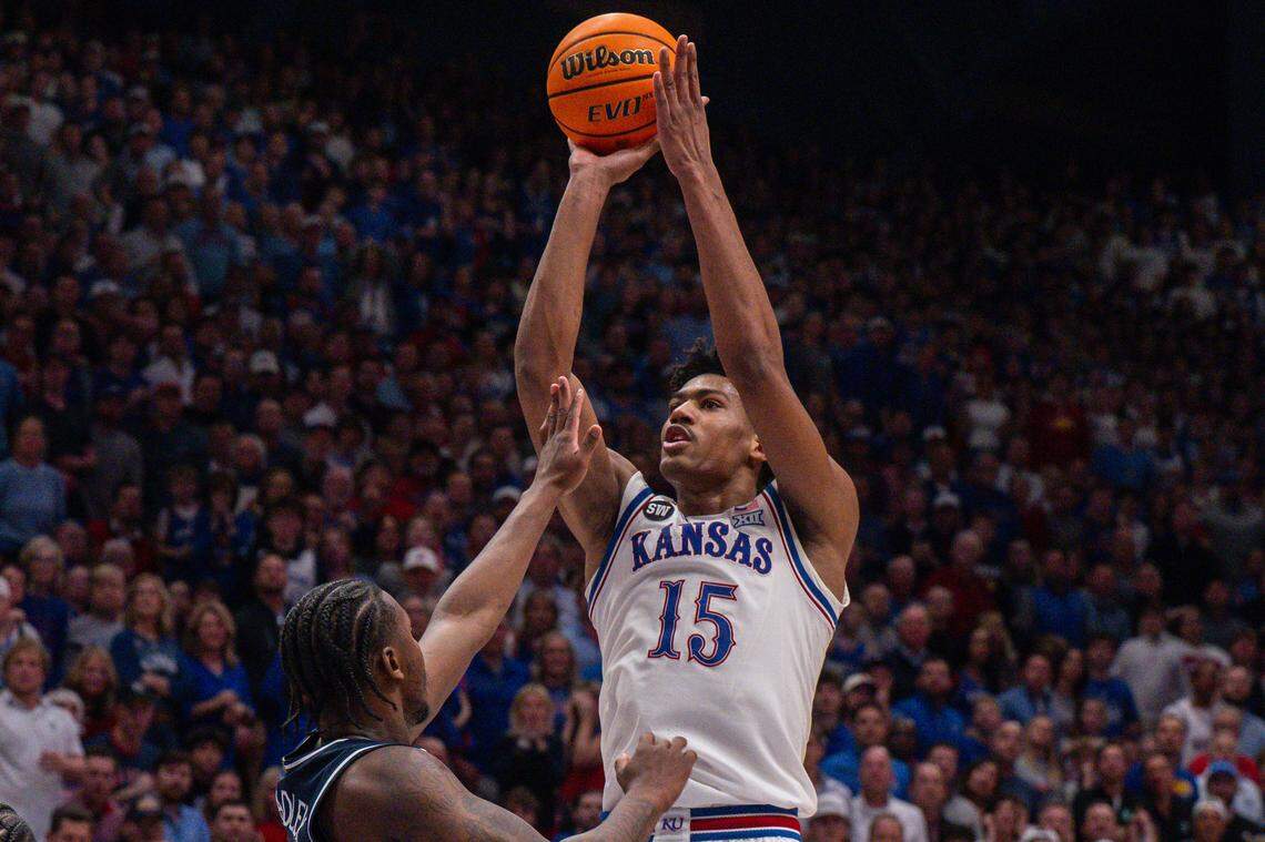 Kansas freshman forward Bryson Tiller (15) averaged 7.9 points and 6.1 rebounds per game for the Jayhawks during the 2025-26 season.