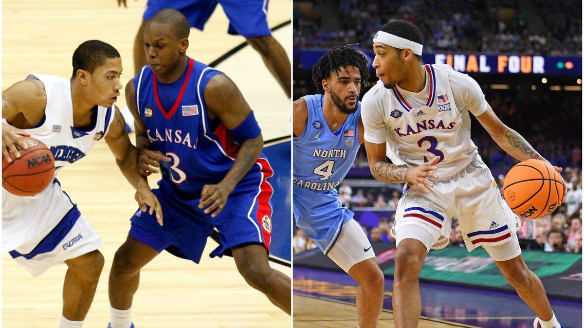 Photo collage: KU basketball point guards and national champions Russell Robinson (2008, left) and Dajuan Harris (2022, right) during their respective title game appearances.