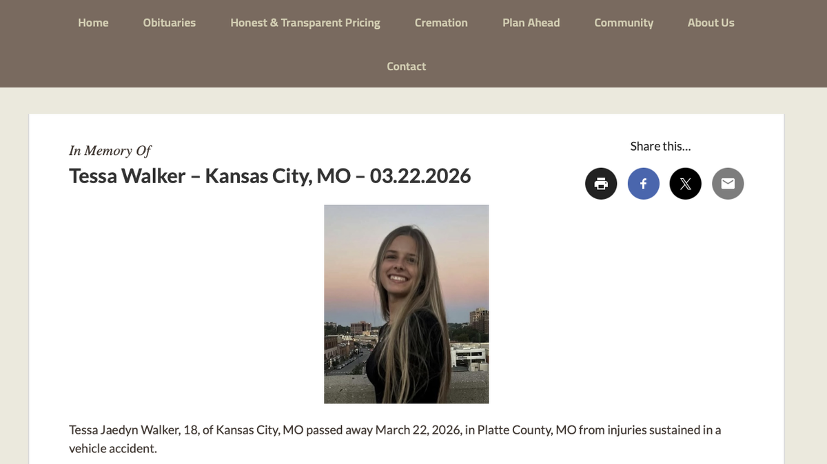 Tessa Walker, 18, was killed in car accident in rural Platte County on March 22 after the car she was in left the roadway and caught on fire. The Park Hill School District confirmed Walker’s death in an email to families on Tuesday March 24. This is a screenshot of Walker’s obituary taken on March 24, 2026.