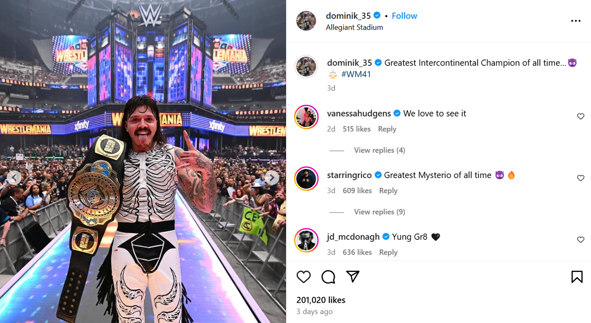 Current WWE Intercontinental Champion Dominik Mysterio celebrates after winning the championship at Wrestlemania 41 Sunday, April 20. He’ll be in attendance at Monday Night Raw in Kansas City April 28.