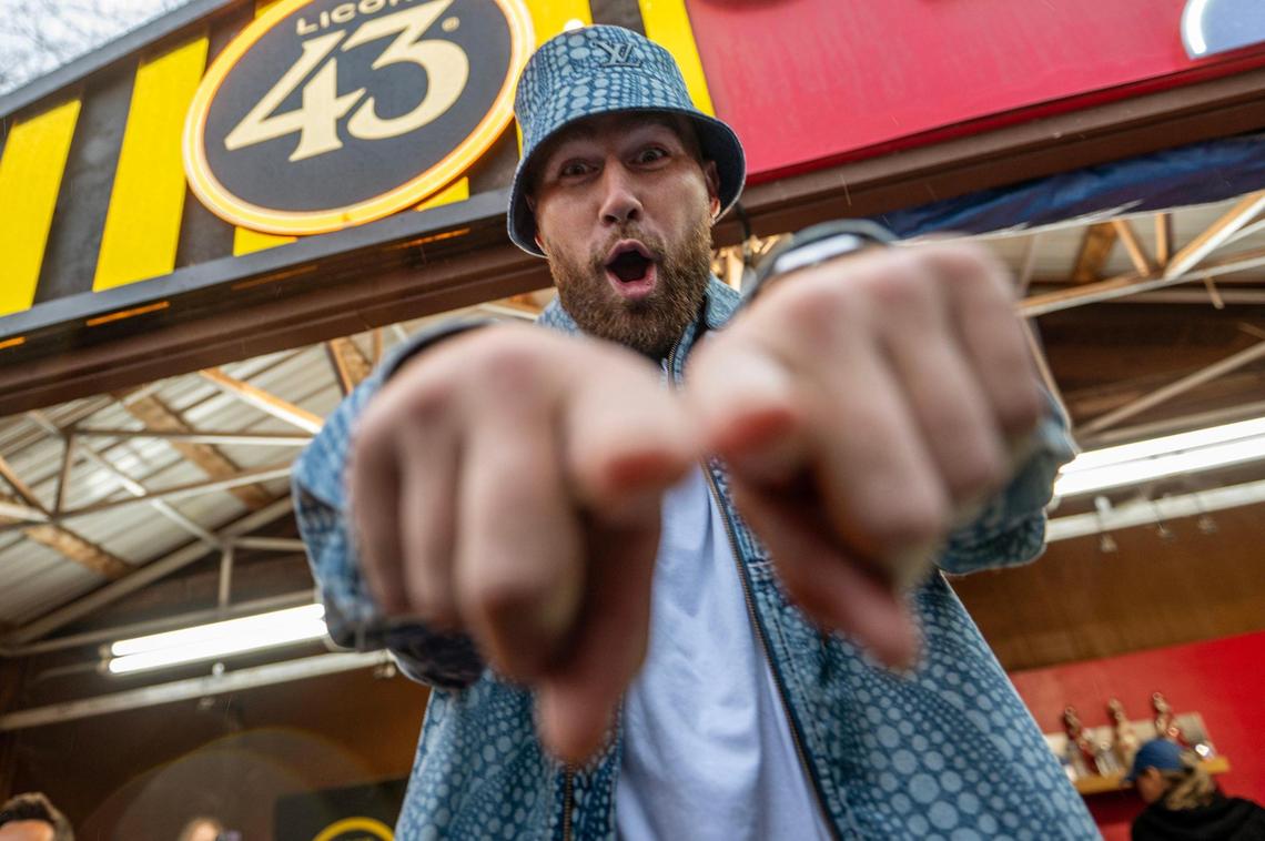 Travis Kelce visits the Licor 43 booth during Kelce Jam at the Azura Amphitheater on Friday, April 28, 2023, in Bonner Springs.